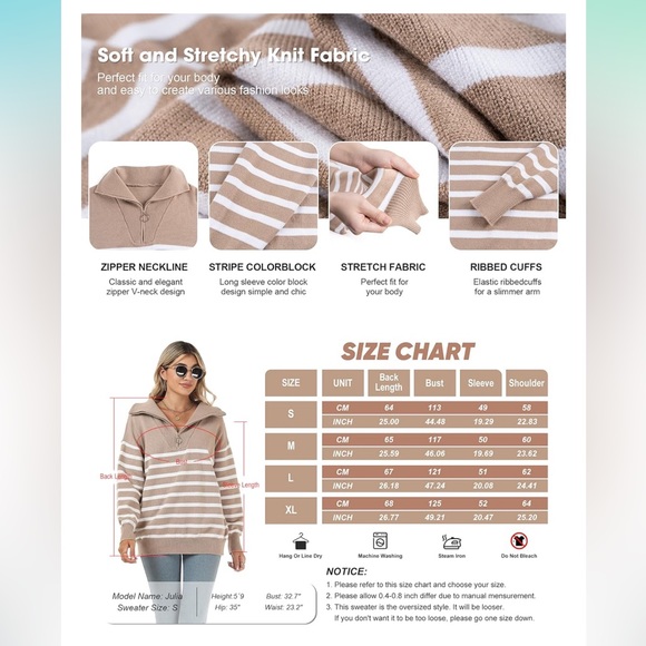 Striped Sweaters Half-Zip Long Sleeve Oversized Pullover - Picture 6 of 12